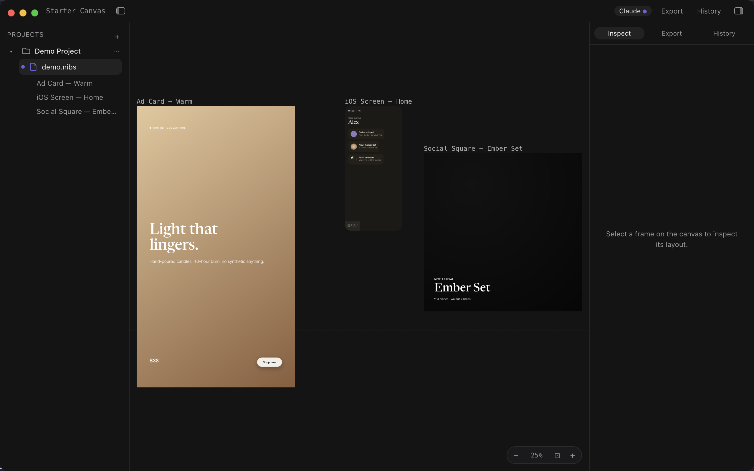 Nib design canvas with demo frames open